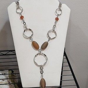 Silvertone Necklace with Taupe/Gray Glass Beads Statement Necklace 24"